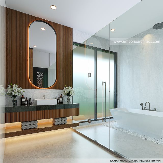 Desain Kamar Mandi Utama Rumah Modern 4 Lantai Ibu YNN di Uluwatu, Badung, Bali