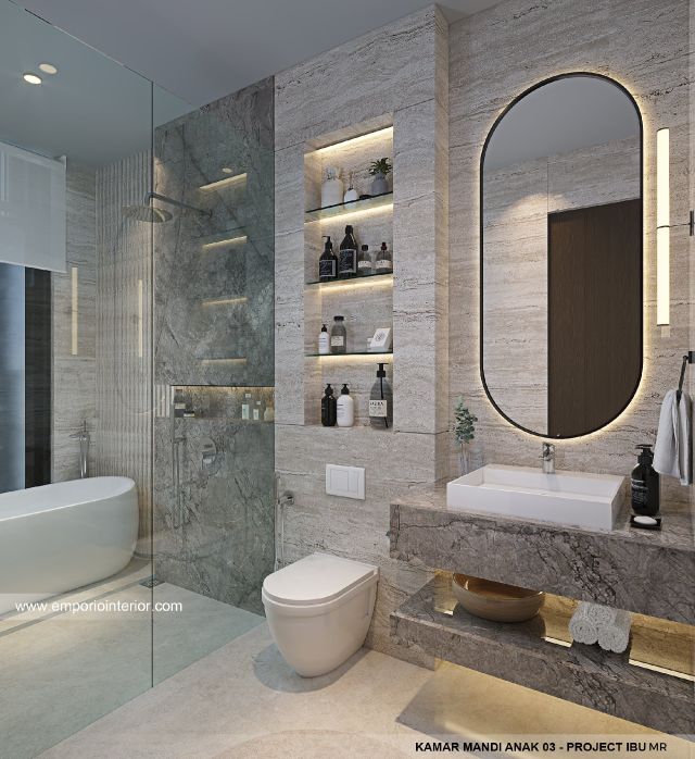Desain Kamar Mandi Anak 3 Rumah Modern 4 Lantai Ibu MR di Kelapa Gading, Jakarta Utara