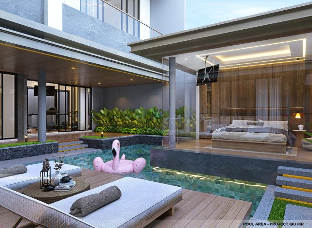 Desain Pool Area Rumah Modern 4 Lantai Ibu MR di Kelapa Gading, Jakarta Utara