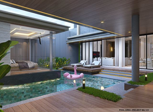 Desain Pool Area Rumah Modern 4 Lantai Ibu MR di Kelapa Gading, Jakarta Utara