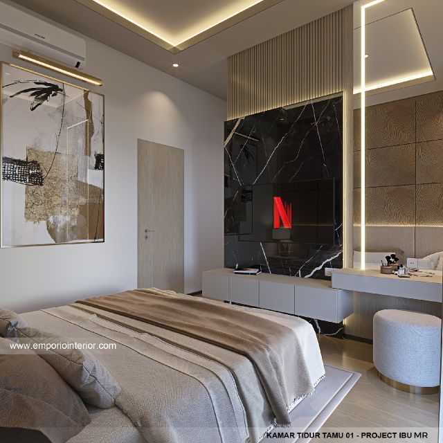 Desain Kamar Tidur Tamu 1 Rumah Modern 4 Lantai Ibu MR di Kelapa Gading, Jakarta Utara