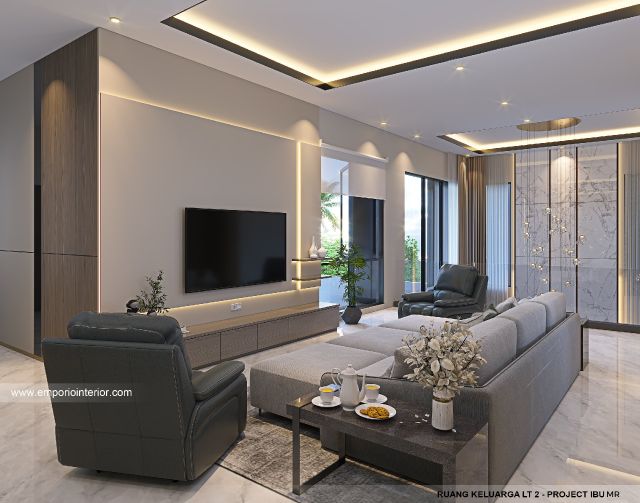 Desain Ruang Keluarga Lantai 2 Rumah Modern 4 Lantai Ibu MR di Kelapa Gading, Jakarta Utara