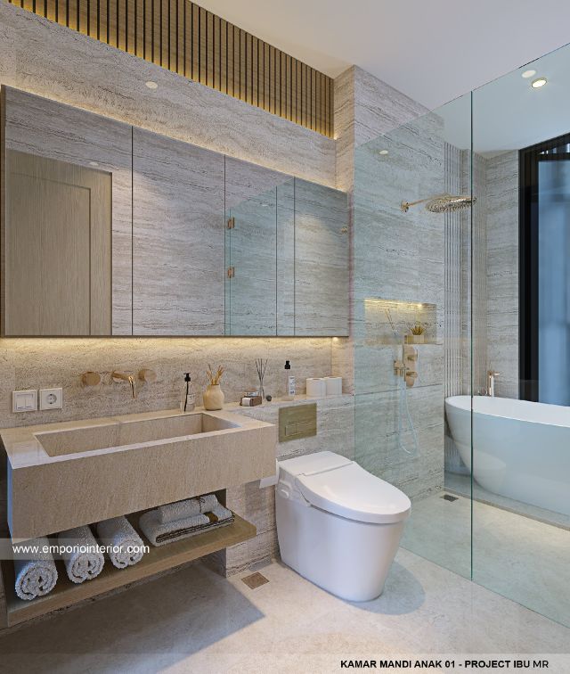 Desain Kamar Mandi Anak 1 Rumah Modern 4 Lantai Ibu MR di Kelapa Gading, Jakarta Utara