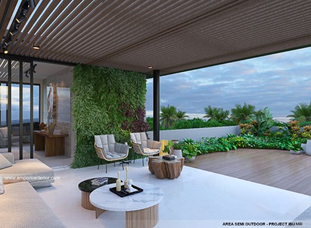 Desain Area Semi Outdoor Rumah Modern 4 Lantai Ibu MR di Kelapa Gading, Jakarta Utara