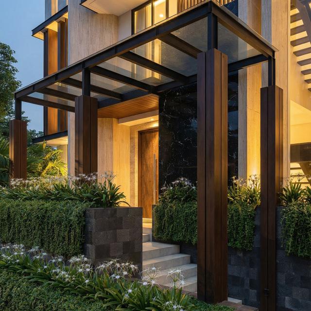 Desain Tampak Detail Depan 2 Rumah Modern 4 Lantai Bapak MCL di BSD, Tangerang Selatan, Banten