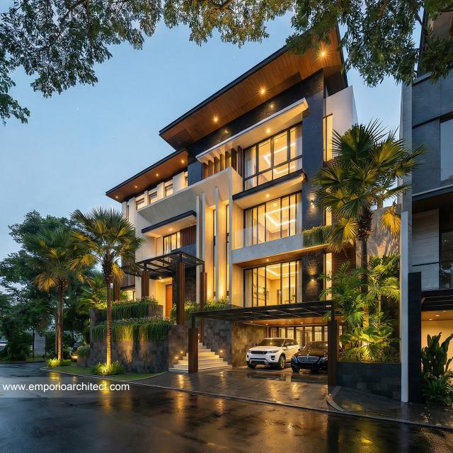Desain Tampak Depan 2 Rumah Modern 4 Lantai Bapak MCL di BSD, Tangerang Selatan, Banten