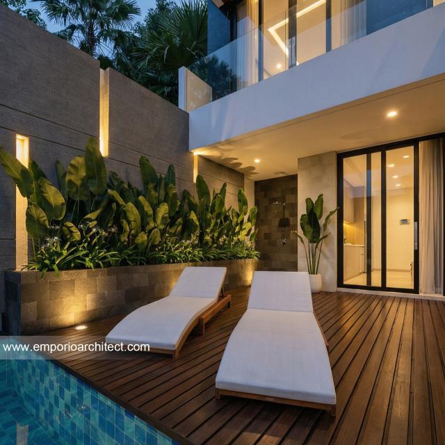 Desain Tampak Detail Belakang 2 Rumah Modern 4 Lantai Bapak MCL di BSD, Tangerang Selatan, Banten