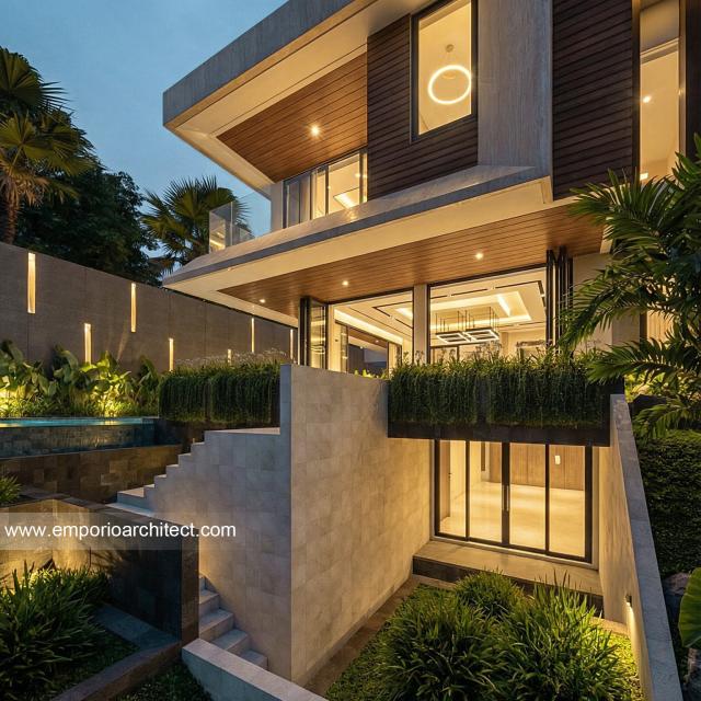 Desain Tampak Detail Belakang 3 Rumah Modern 4 Lantai Bapak MCL di BSD, Tangerang Selatan, Banten