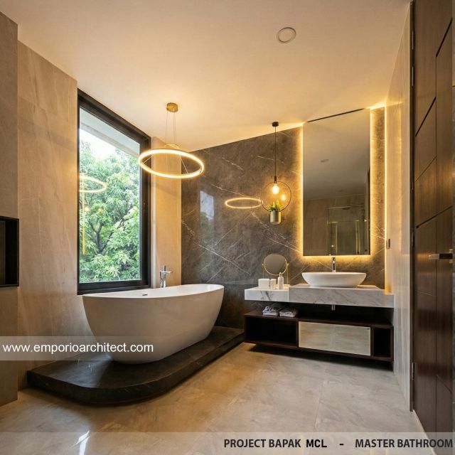 Desain Kamar Mandi Utama Rumah Modern 4 Lantai Bapak MCL di BSD, Tangerang Selatan, Banten