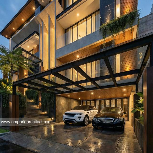 Desain Tampak Detail Depan Rumah Modern 4 Lantai Bapak MCL di BSD, Tangerang Selatan, Banten