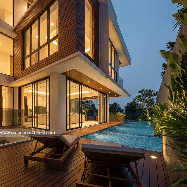 Desain Tampak Detail Belakang Rumah Modern 4 Lantai Bapak MCL di BSD, Tangerang Selatan, Banten