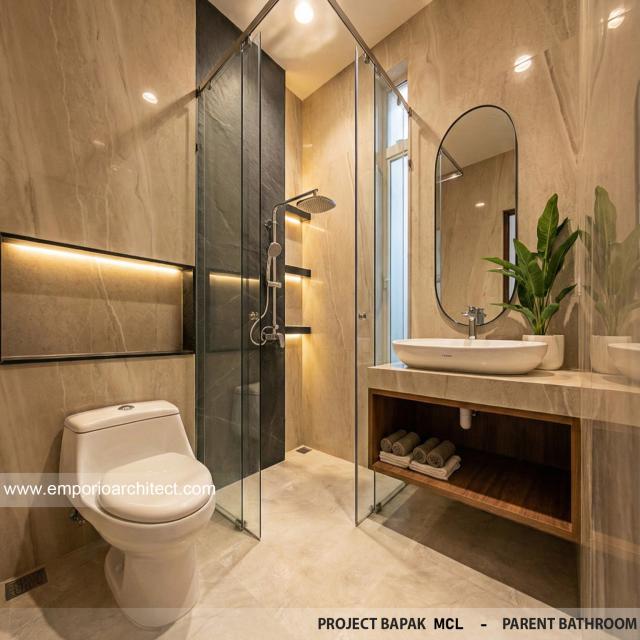 Desain Kamar Mandi Orang Tua Rumah Modern 4 Lantai Bapak MCL di BSD, Tangerang Selatan, Banten