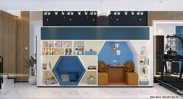 Desain Area Baca Rumah Modern 4 Lantai Ibu FR di Tebet, Jakarta Selatan