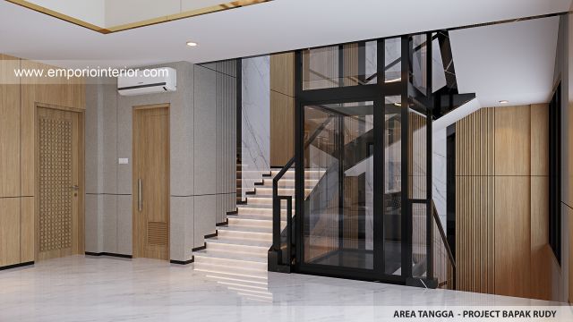 Desain Area Tangga Rumah Modern 4.5 Lantai Bapak RSH di PIK, Jakarta Utara
