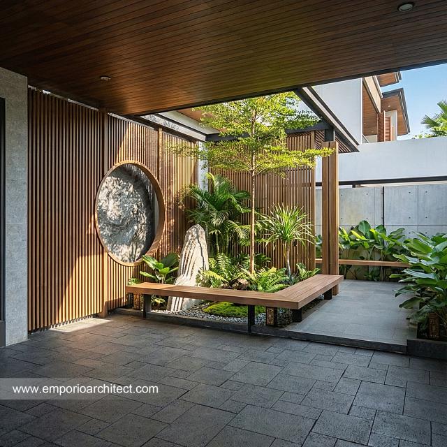 Desain Tampak Detail Depan 2 Rumah Modern Chinese Oriental 2 Lantai Bapak DVI di Surabaya