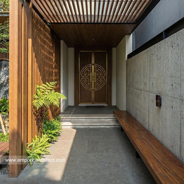Desain Tampak Detail Depan 3 Rumah Modern Chinese Oriental 2 Lantai Bapak DVI di Surabaya