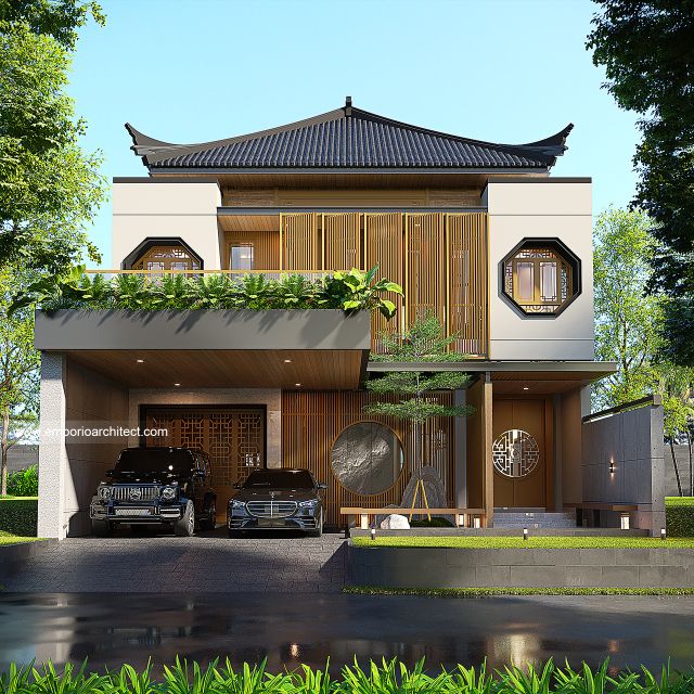 Desain Tampak Depan Rumah Modern Chinese Oriental 2 Lantai Bapak DVI di Surabaya