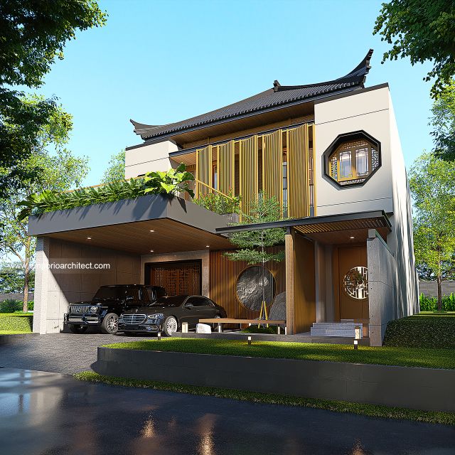 Desain Tampak Depan 2 Rumah Modern Chinese Oriental 2 Lantai Bapak DVI di Surabaya