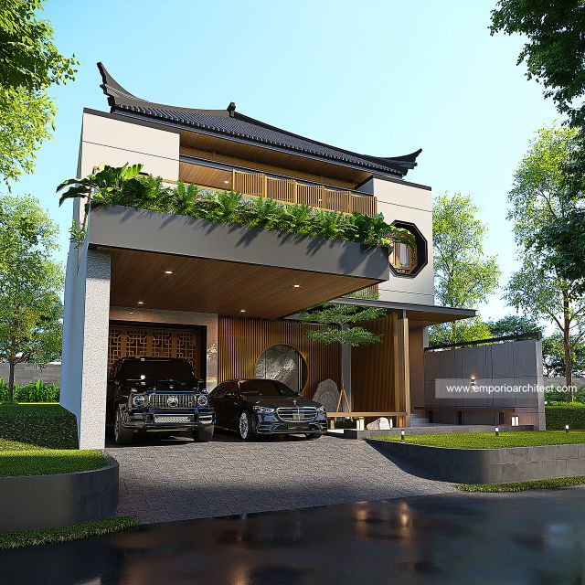Desain Tampak Depan 3 Rumah Modern Chinese Oriental 2 Lantai Bapak DVI di Surabaya