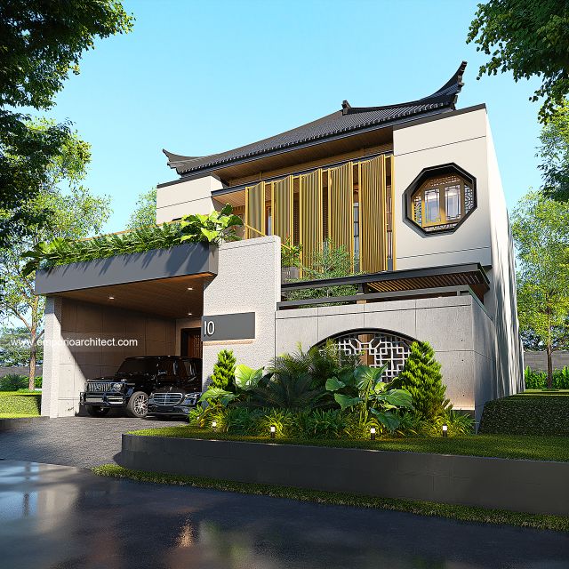 Desain Tampak Depan Dengan Pagar Rumah Modern Chinese Oriental 2 Lantai Bapak DVI di Surabaya