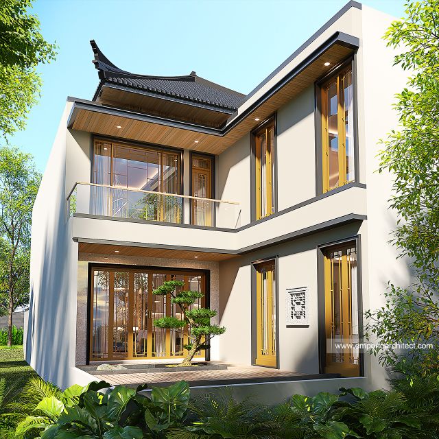 Desain Tampak Belakang Rumah Modern Chinese Oriental 2 Lantai Bapak DVI di Surabaya