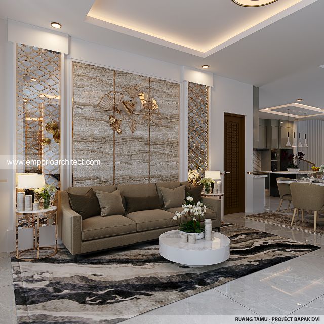 Desain Ruang Tamu Rumah Modern Chinese Oriental 2 Lantai Bapak DVI di Surabaya