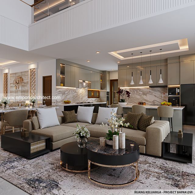 Desain Ruang Keluarga Rumah Modern Chinese Oriental 2 Lantai Bapak DVI di Surabaya