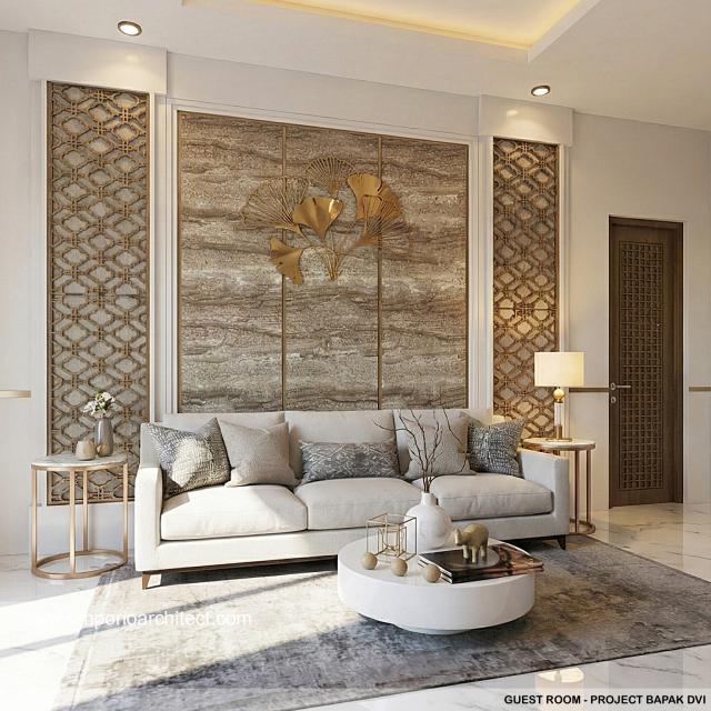 Desain Ruang Tamu Rumah Modern Chinese Oriental 2 Lantai Bapak DVI di Surabaya