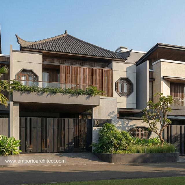Desain Tampak Depan 3 Rumah Modern Chinese Oriental 2 Lantai Bapak DVI di Surabaya