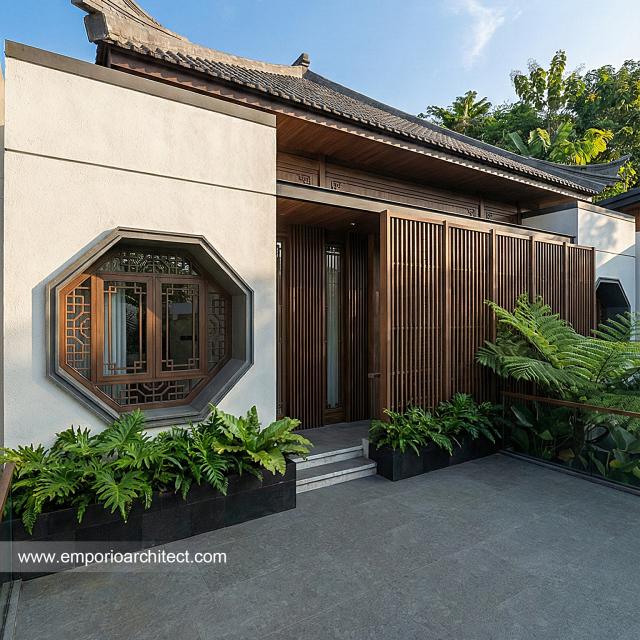 Desain Tampak Detail Depan Rumah Modern Chinese Oriental 2 Lantai Bapak DVI di Surabaya