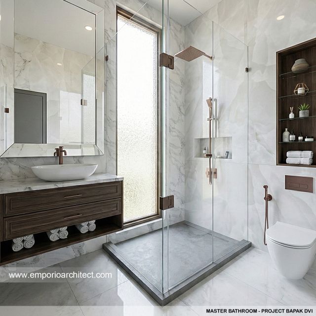 Desain Kamar Mandi Utama Rumah Modern Chinese Oriental 2 Lantai Bapak DVI di Surabaya