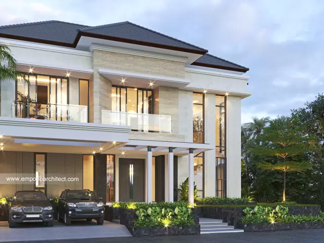 Desain Rumah Modern Klasik 2 Lantai Ibu Devi di Cibubur, Jawa Barat - Tampak Depan Kiri