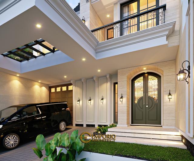 Desain Tampak Detail Depan Rumah Modern Klasik 2 Lantai Ibu Zerli di Jakarta
