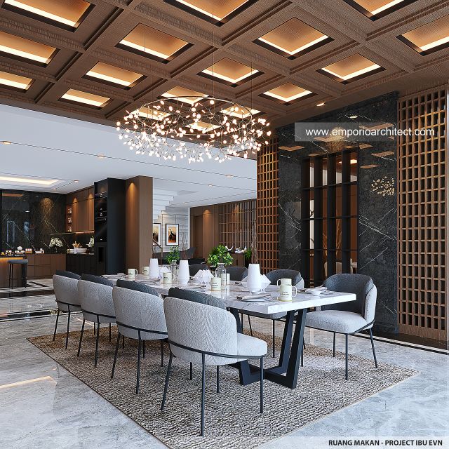 Desain Ruang Makan Rumah Modern Klasik 4 Lantai Ibu EVN di Tangerang Selatan