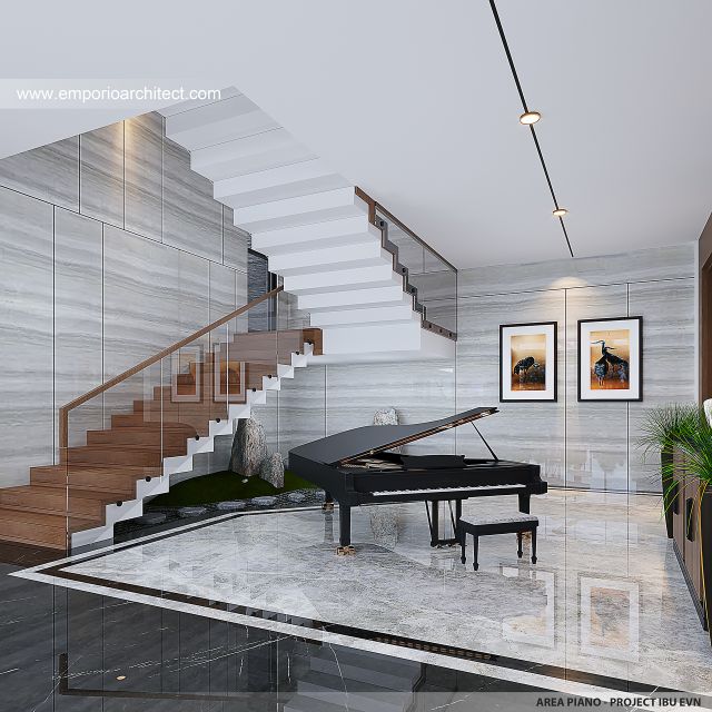 Desain Area Piano Rumah Modern Klasik 4 Lantai Ibu EVN di Tangerang Selatan
