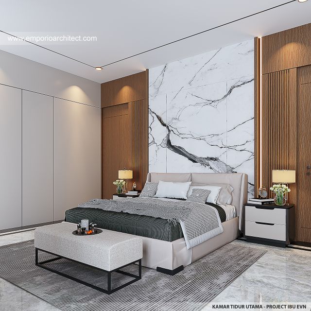 Desain Kamar Tidur Utama Rumah Modern Klasik 4 Lantai Ibu EVN di Tangerang Selatan
