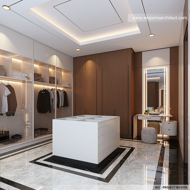Desain WIC Kamar Tidur Utama Rumah Modern Klasik 4 Lantai Ibu EVN di Tangerang Selatan