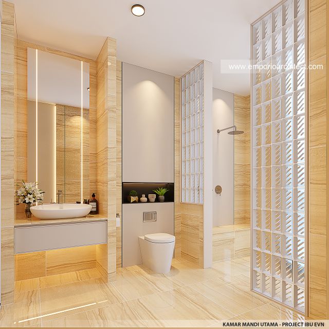 Desain Kamar Mandi Utama Rumah Modern Klasik 4 Lantai Ibu EVN di Tangerang Selatan