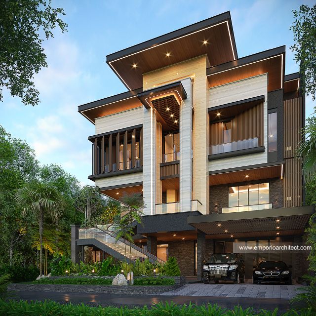 Desain Tampak Depan Rumah Modern Klasik 4 Lantai Ibu EVN di Tangerang Selatan
