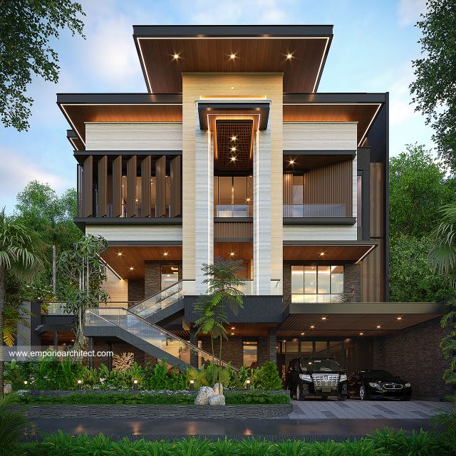 Desain Tampak Depan 2 Rumah Modern Klasik 4 Lantai Ibu EVN di Tangerang Selatan