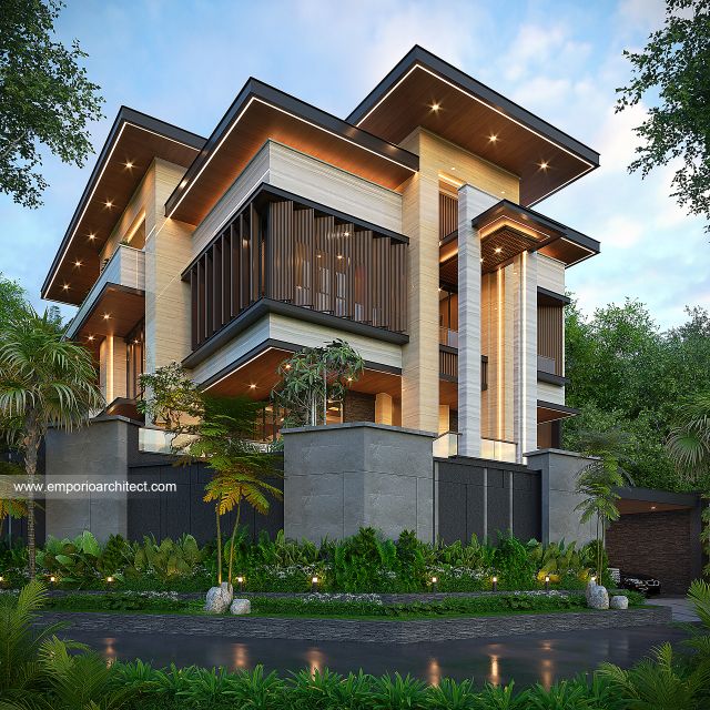 Desain Tampak Hook Dengan Pagar  Rumah Modern Klasik 4 Lantai Ibu EVN di Tangerang Selatan