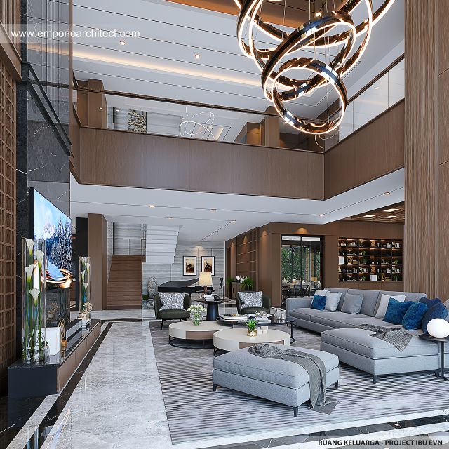 Desain Ruang Keluarga Rumah Modern Klasik 4 Lantai Ibu EVN di Tangerang Selatan