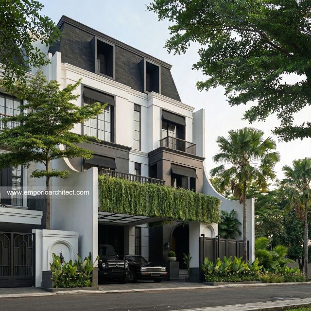 Desain Tampak Depan 2 Rumah Modern Klasik 4 Lantai Ibu KML di Jakarta Timur