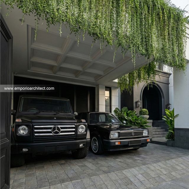 Desain Tampak Detail Depan Rumah Modern Klasik 4 Lantai Ibu KML di Jakarta Timur