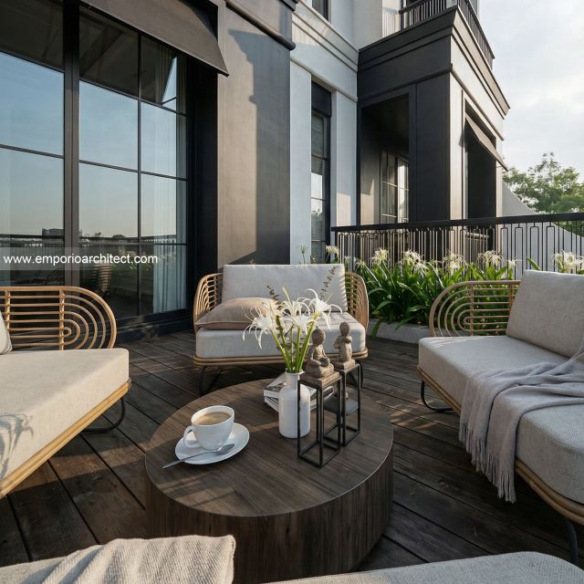 Desain Tampak Detail Balkon Rumah Modern Klasik 4 Lantai Ibu KML di Jakarta Timur