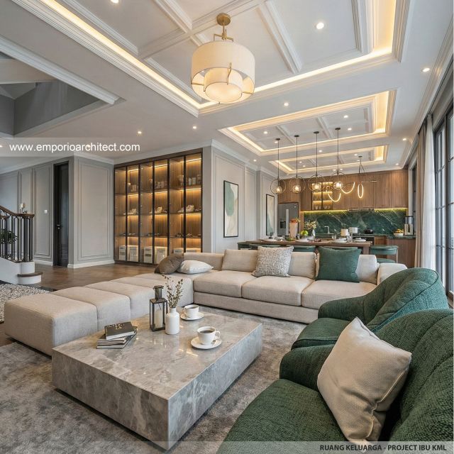 Desain Ruang Keluarga Rumah Modern Klasik 4 Lantai Ibu KML di Jakarta Timur