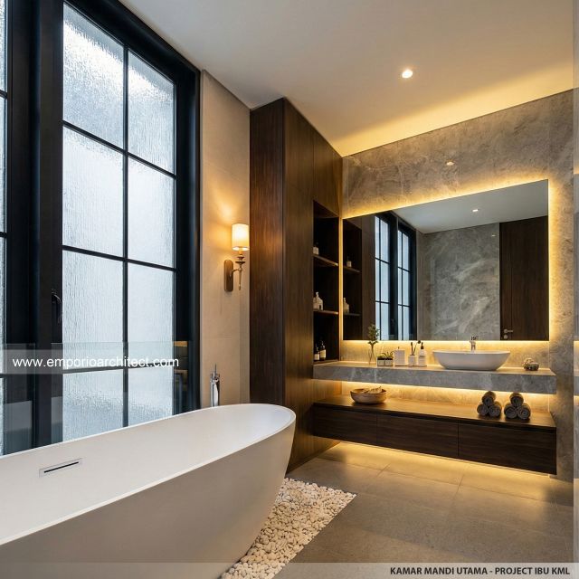 Desain Kamar Mandi Utama Rumah Modern Klasik 4 Lantai Ibu KML di Jakarta Timur