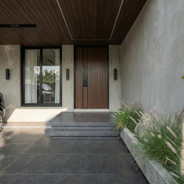 Desain Tampak Detail Depan Rumah Modern Minimalis 3 Lantai Ibu NVT di Jakarta Utara