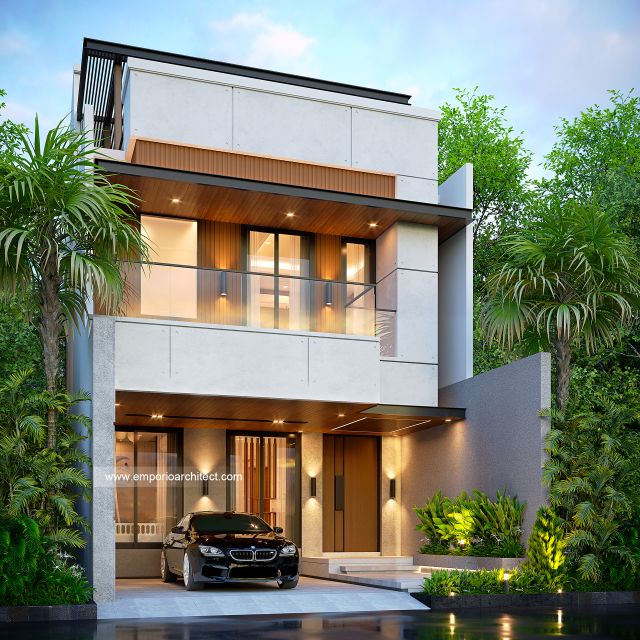 Desain Tampak Depan Rumah Modern Minimalis 3 Lantai Ibu NVT di Jakarta Utara