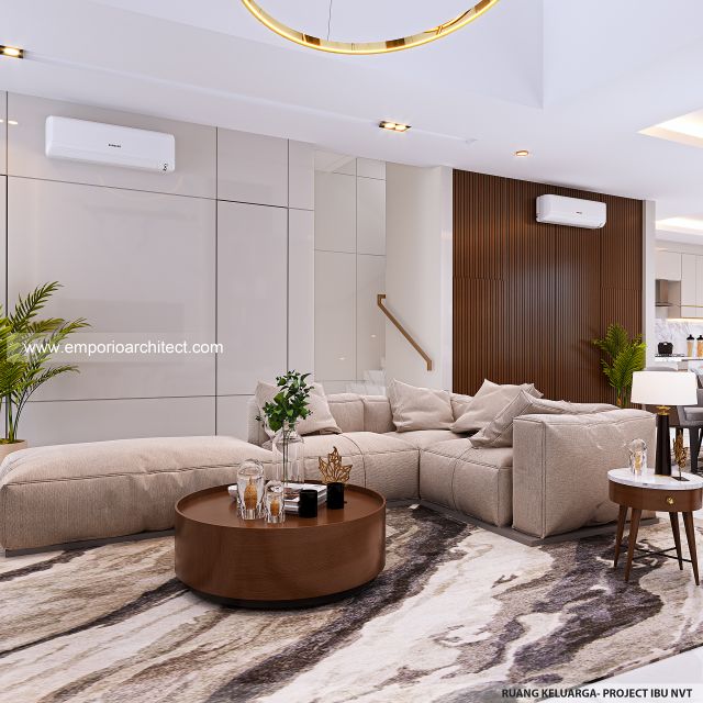 Desain Ruang Keluarga Rumah Modern Minimalis 3 Lantai Ibu NVT di Jakarta Utara